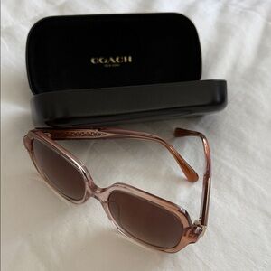 Coach Women’s Pink-Brown Rectangular Sunglasses with Logo Temples